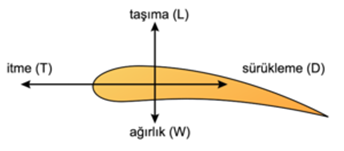 Şekil 1. Bir airfoile etki eden dört temel aerodinamik kuvvet